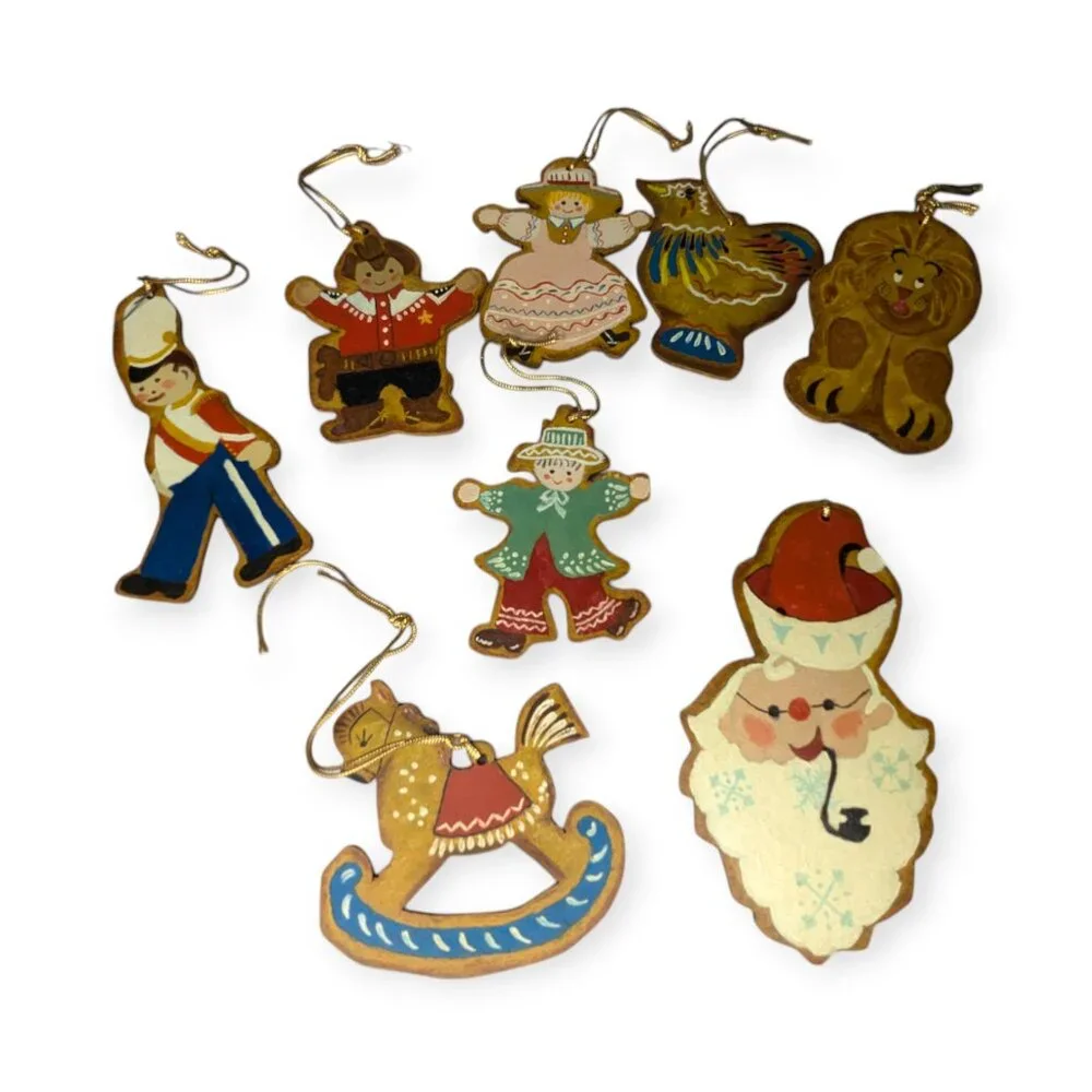 Vintage 1970s Hand Painted Flat Hard Board Christmas Ornaments Set of 8